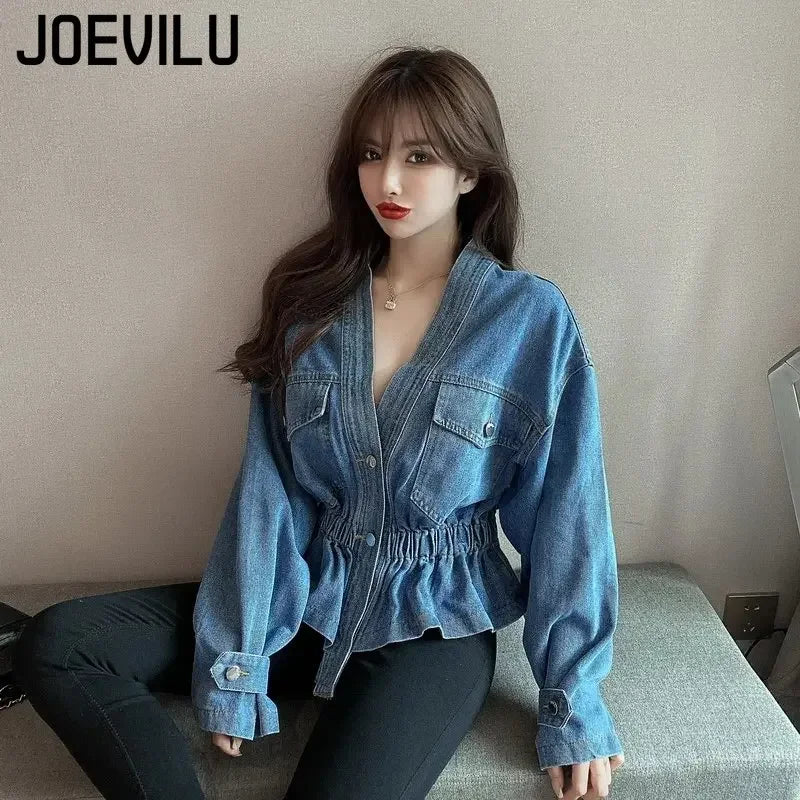 Jean Jacket V-neck Pleated Waist Slim Coat Women's Autumn Korean Fashion Personalized Irregular Shirt Loose Casual Denim Tops