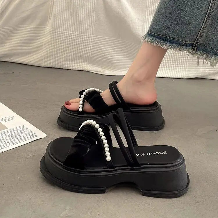 Sandals for Woman Roman Style Women's Shoes Wedge with Platform Waterproof Footwear One Word Open Toe Summer 2025 Comfort F Vip