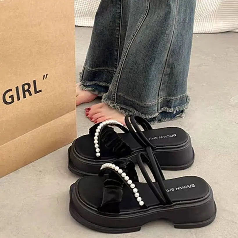 Sandals for Woman Roman Style Women's Shoes Wedge with Platform Waterproof Footwear One Word Open Toe Summer 2025 Comfort F Vip