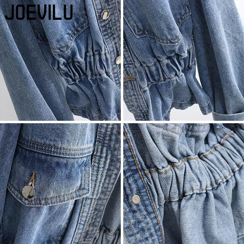 Jean Jacket V-neck Pleated Waist Slim Coat Women's Autumn Korean Fashion Personalized Irregular Shirt Loose Casual Denim Tops