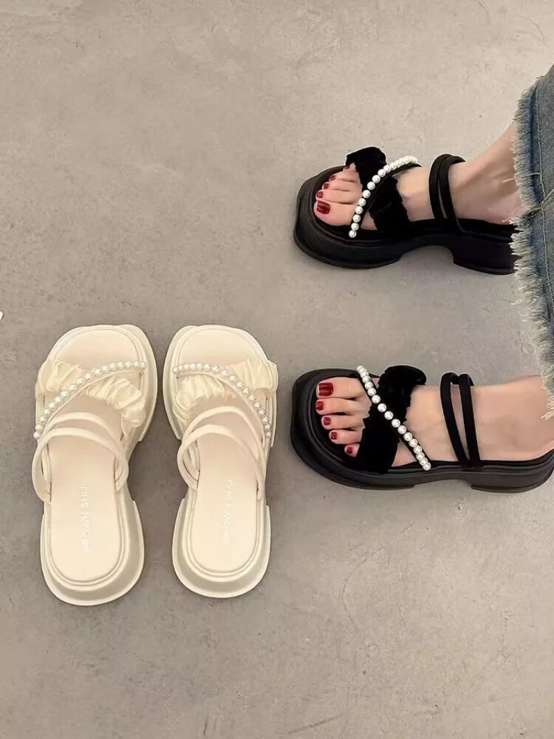 Sandals for Woman Roman Style Women's Shoes Wedge with Platform Waterproof Footwear One Word Open Toe Summer 2025 Comfort F Vip