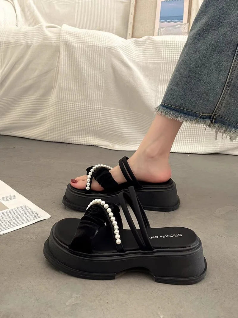 Sandals for Woman Roman Style Women's Shoes Wedge with Platform Waterproof Footwear One Word Open Toe Summer 2025 Comfort F Vip