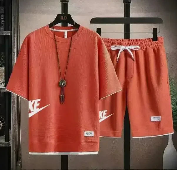 High-quality Waffle comfortable casual T-shirt and shorts for men, men's sportswear, solid-color sportswear, loose suit