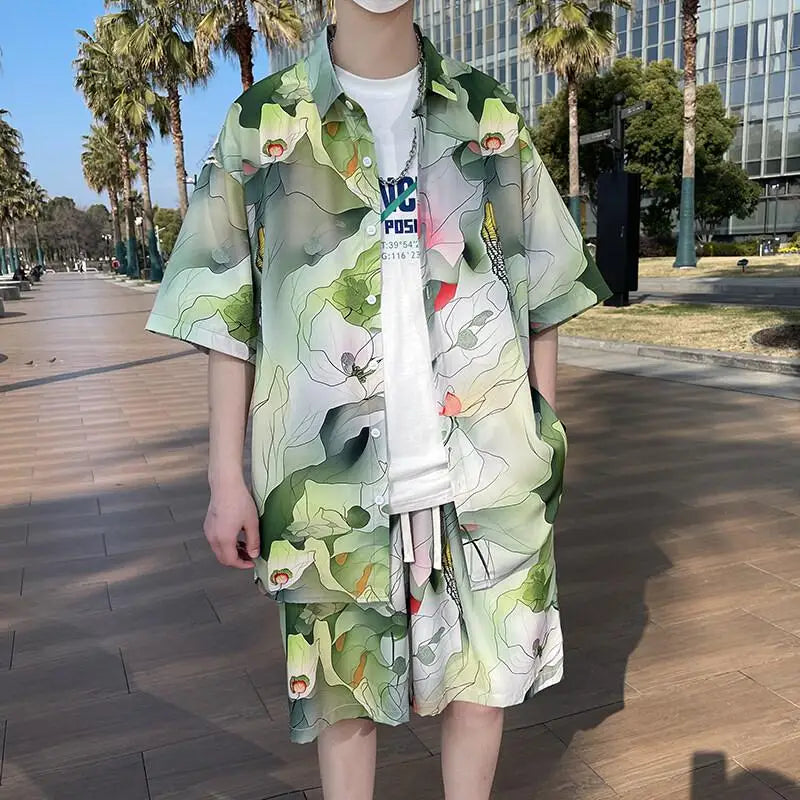 Men's Summer Beach Vacation Outfit - Lightweight Quick-Dry Shirt & Shorts Matching Set for Tropical Holidays Party Wear M-XXXXXL