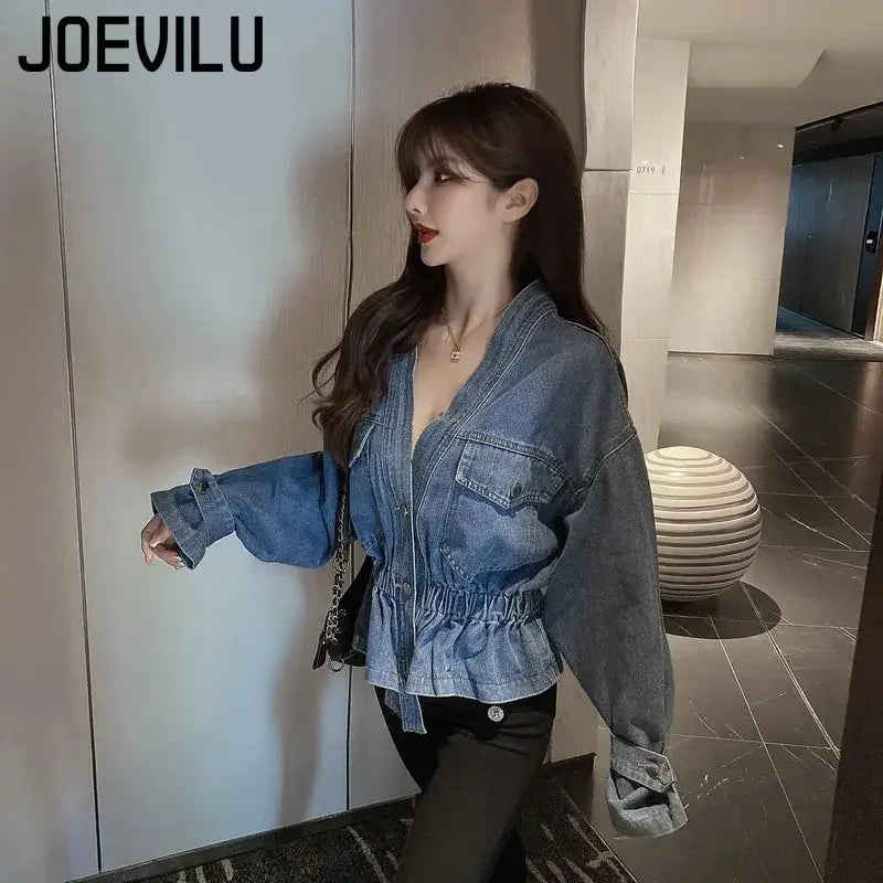 Jean Jacket V-neck Pleated Waist Slim Coat Women's Autumn Korean Fashion Personalized Irregular Shirt Loose Casual Denim Tops