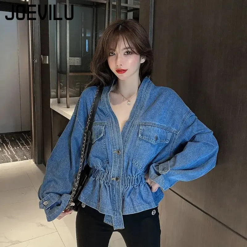 Jean Jacket V-neck Pleated Waist Slim Coat Women's Autumn Korean Fashion Personalized Irregular Shirt Loose Casual Denim Tops