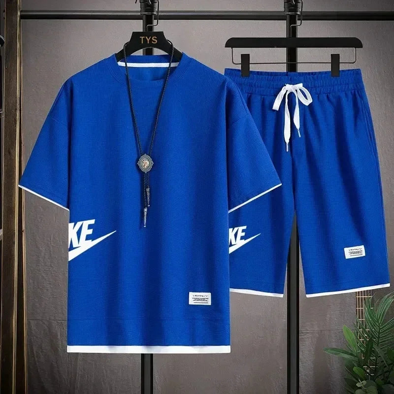 High-quality Waffle comfortable casual T-shirt and shorts for men, men's sportswear, solid-color sportswear, loose suit