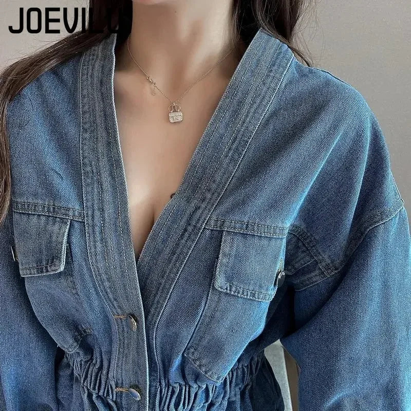 Jean Jacket V-neck Pleated Waist Slim Coat Women's Autumn Korean Fashion Personalized Irregular Shirt Loose Casual Denim Tops