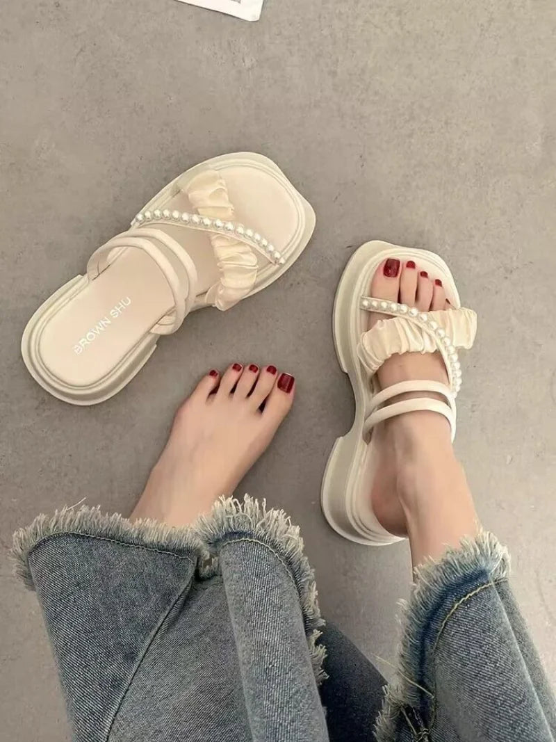 Sandals for Woman Roman Style Women's Shoes Wedge with Platform Waterproof Footwear One Word Open Toe Summer 2025 Comfort F Vip