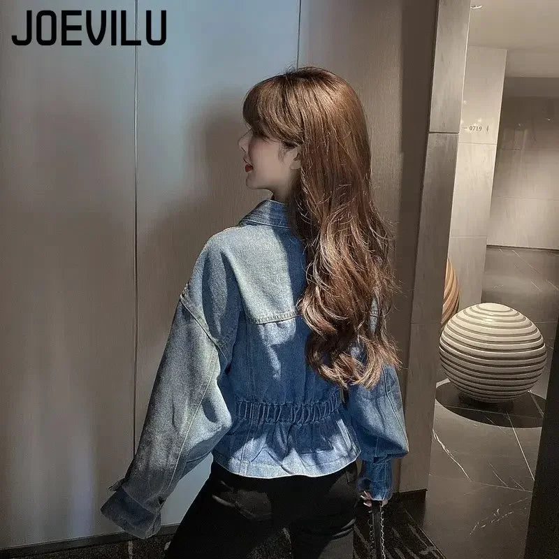 Jean Jacket V-neck Pleated Waist Slim Coat Women's Autumn Korean Fashion Personalized Irregular Shirt Loose Casual Denim Tops