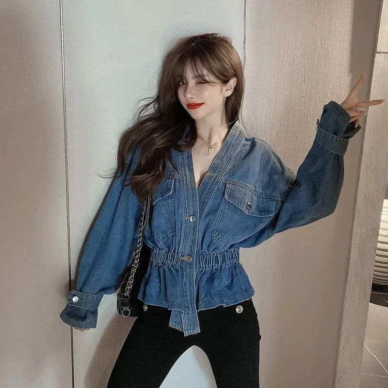 Jean Jacket V-neck Pleated Waist Slim Coat Women's Autumn Korean Fashion Personalized Irregular Shirt Loose Casual Denim Tops