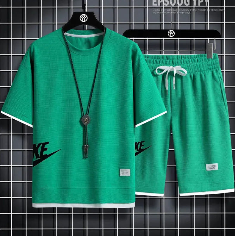 High-quality Waffle comfortable casual T-shirt and shorts for men, men's sportswear, solid-color sportswear, loose suit