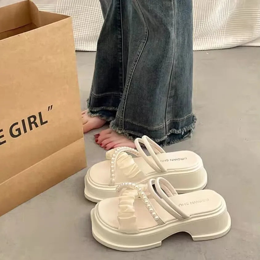 Sandals for Woman Roman Style Women's Shoes Wedge with Platform Waterproof Footwear One Word Open Toe Summer 2025 Comfort F Vip